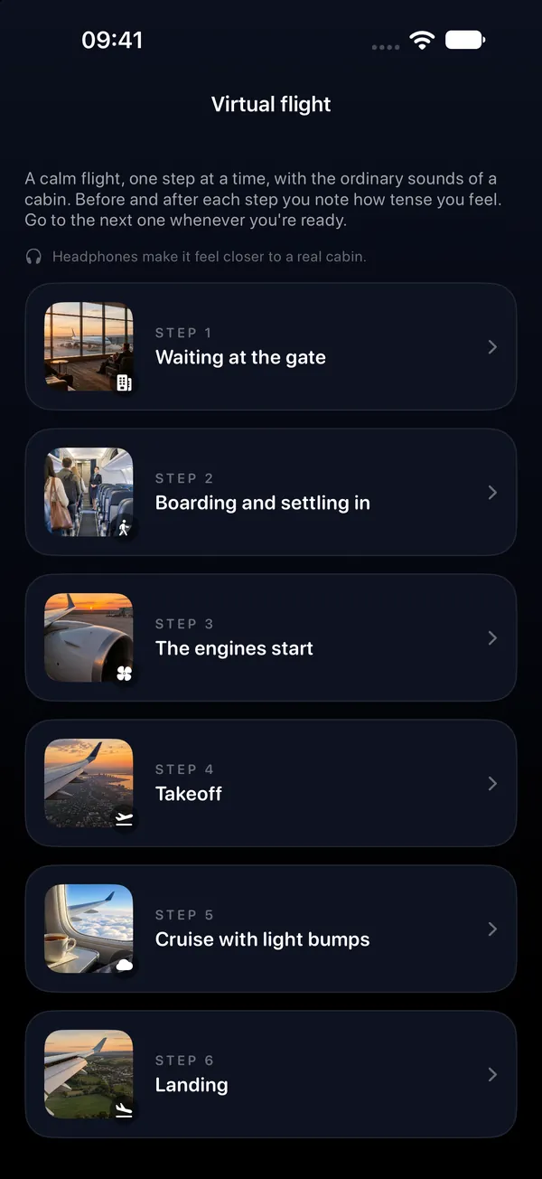 Rehearse the flight gate to landing with real cabin sounds.