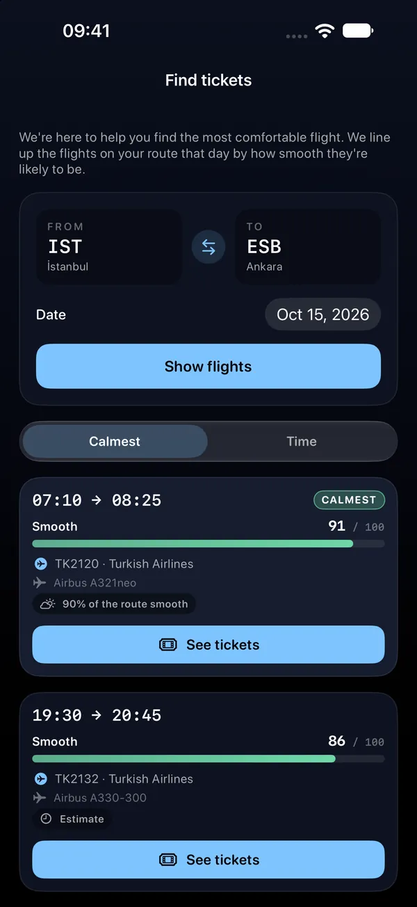 Sort flights by how calm they're likely to be.