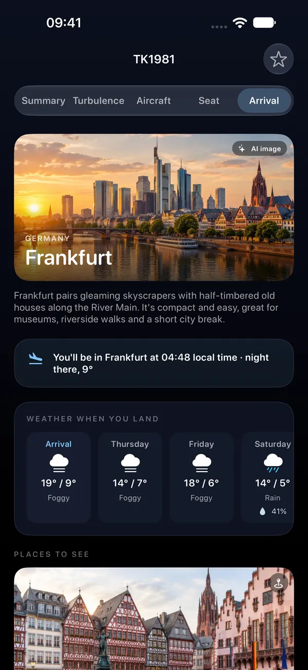 Weather, local time and places to see where you land.