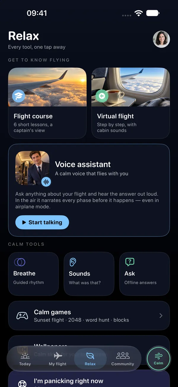 Voice companion, cabin sounds, breathing and calm games.