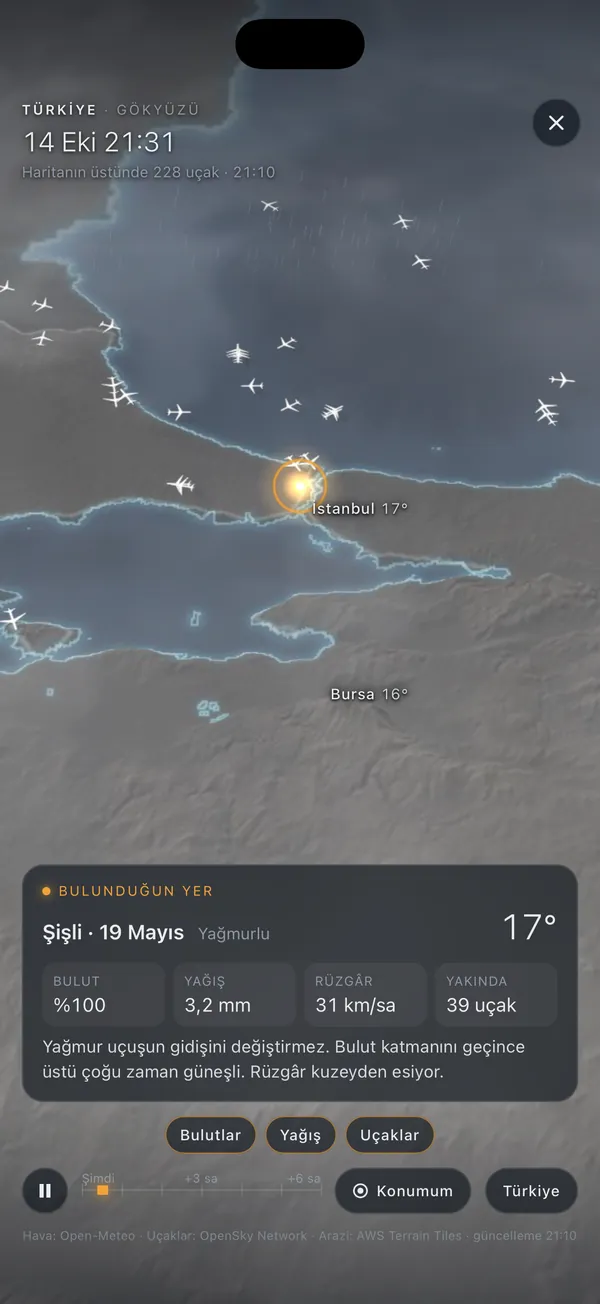 Gökyüzü: Bulutlar, yağış ve havadaki uçaklar, canlı.