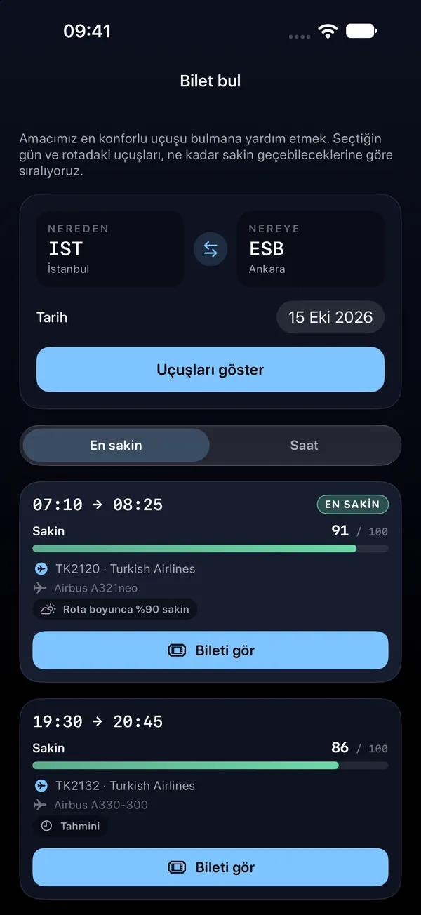 Bilet bul: Uçuşları ne kadar sakin geçebileceğine göre sırala.