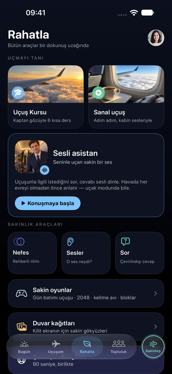 Rahatla: Sesli asistan, kabin sesleri, nefes ve sakin oyunlar.